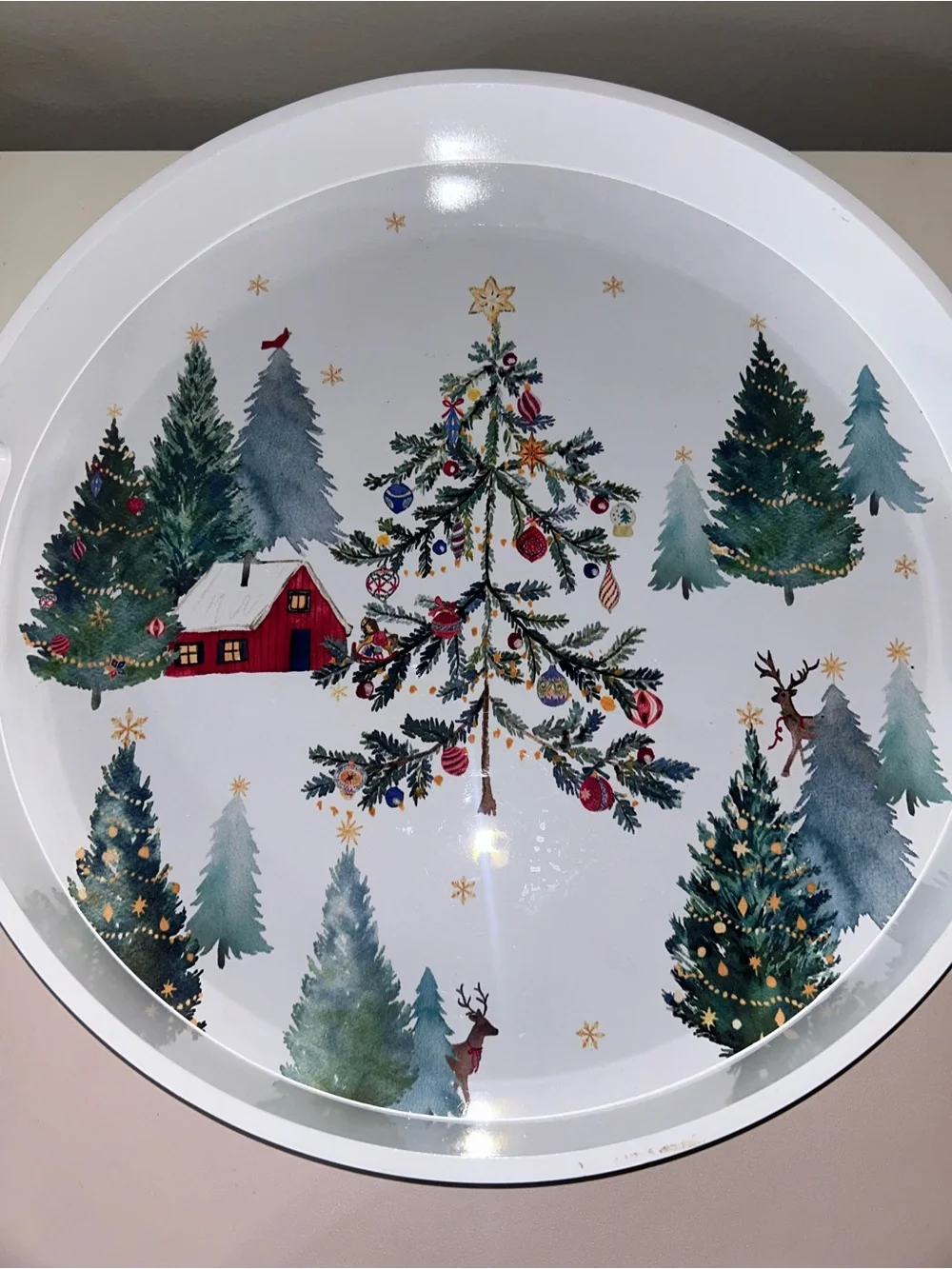 Williams Sonoma Christmas in the Country Round Lacquer Serving Tray White